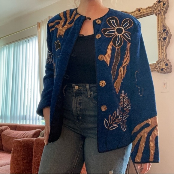 Vintage 90s Julia Kim Blue Chenille Abstract Floral Embroidered Jacket L - Picture 1 of 5